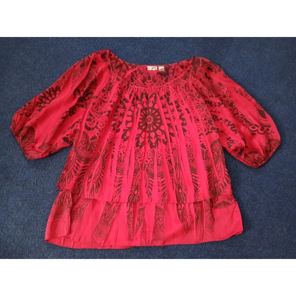 Cato Red 3/4 Sleeve Medallion Print Boho Blouse  LARGE  NWOT